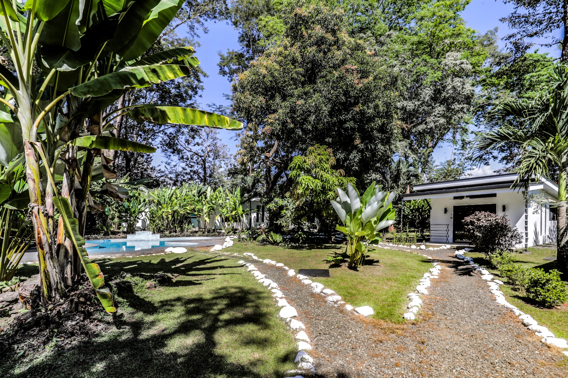 Shared swimming pool surrounded by tropical gardens at The Retreat Uvita